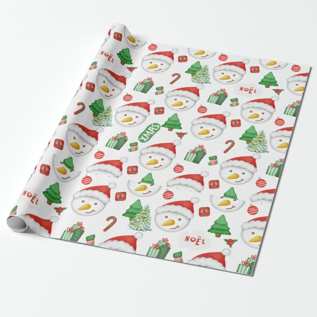FUN CHRISTMAS SNOWMAN PINE TREES AND CANDY CANES WRAPPING PAPER (Unrolled)
