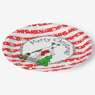 Fun Christmas Tree 2 Greyhound Dog (brindle white) Paper Plate