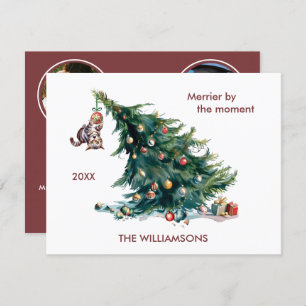 Fun Christmas Tree Dangling Cat 3 Photo Holiday Card