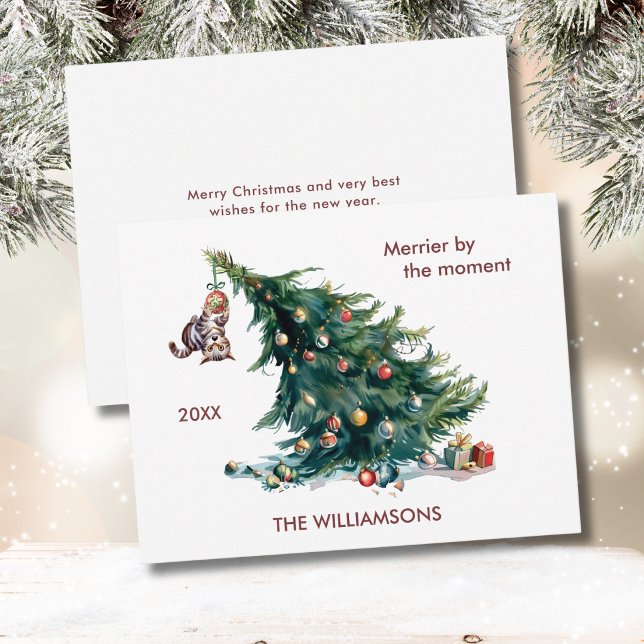 Fun Christmas Tree Dangling Cat Personalise Holiday Card (Creator Uploaded)