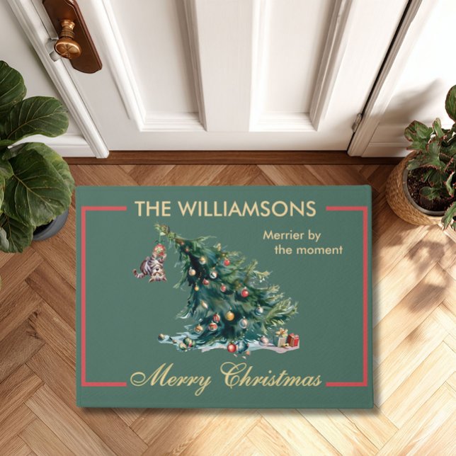 Fun Christmas Tree Dangling Cat Photo Doormat (Creator Uploaded)