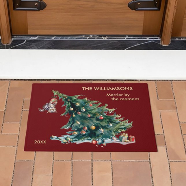 Fun Christmas Tree Dangling Cat Photo Doormat (Creator Uploaded)