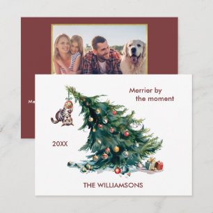 Fun Christmas Tree Dangling Cat Photo Holiday Card