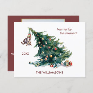 Fun Christmas Tree Dangling Cat Photo Holiday Card