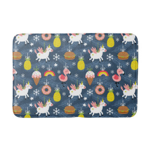 Fun Christmas Unicorns and Flamingos Pattern Bath Mat