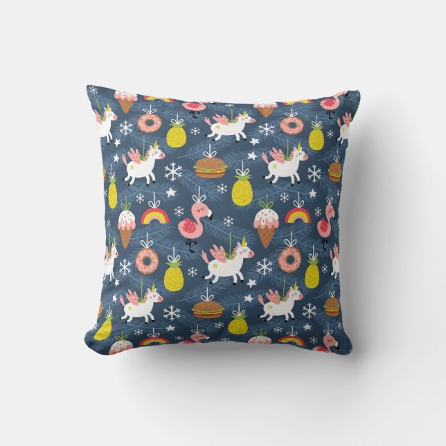 Fun Christmas Unicorns and Flamingos Pattern Cushion (Front)