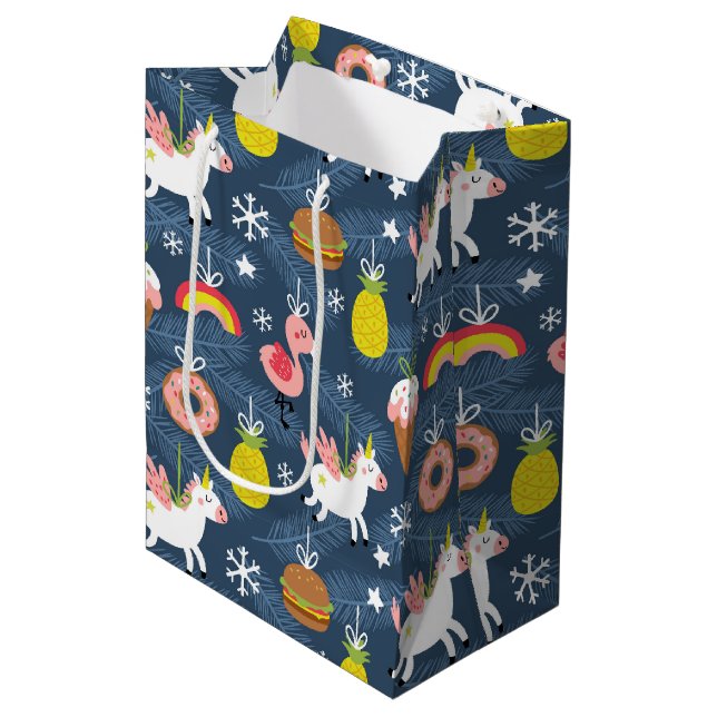 Fun Christmas Unicorns and Flamingos Pattern Medium Gift Bag (Front Angled)