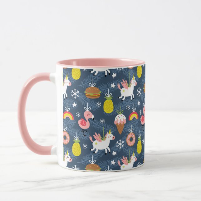 Fun Christmas Unicorns and Flamingos Pattern Mug (Left)
