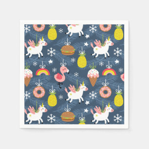 Fun Christmas Unicorns and Flamingos Pattern Napkin
