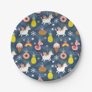 Fun Christmas Unicorns and Flamingos Pattern Paper Plate
