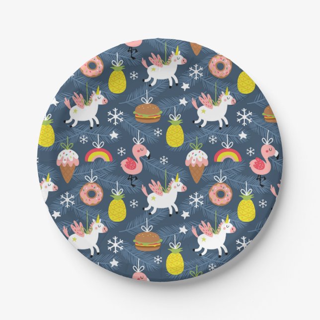 Fun Christmas Unicorns and Flamingos Pattern Paper Plate (Front)