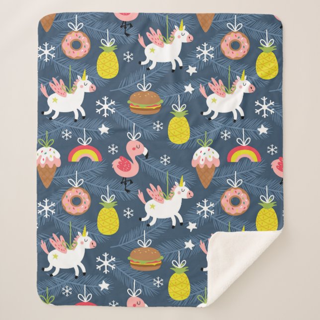 Fun Christmas Unicorns and Flamingos Pattern Sherpa Blanket (Front)