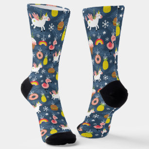 Fun Christmas Unicorns and Flamingos Pattern Socks