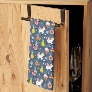 Fun Christmas Unicorns and Flamingos Pattern Tea Towel