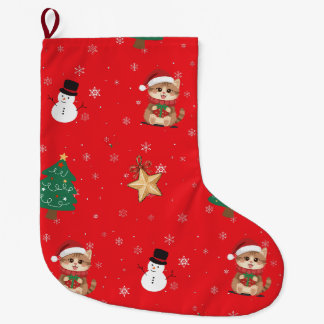 Fun Christmas Watercolor cat kitty xmas Party kid Large Christmas Stocking
