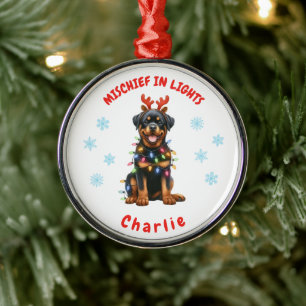 Fun Christmas Watercolor Rottweiler Snowflakes Dog Metal Ornament