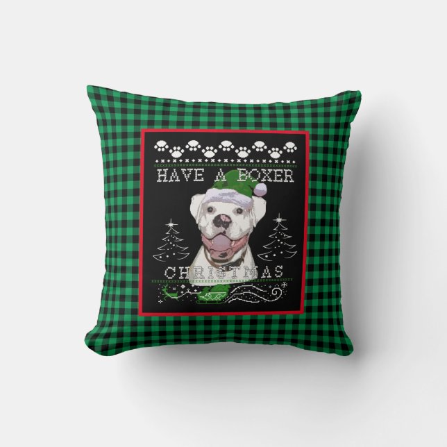 Fun Christmas White Boxer Dog Cushion (Front)