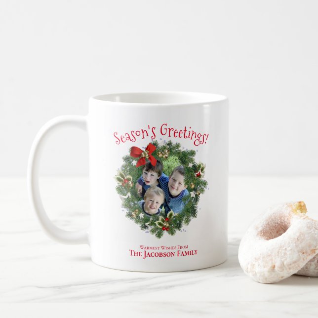Fun Christmas Wreath Photo Season's Greetings Coffee Mug (With Donut)