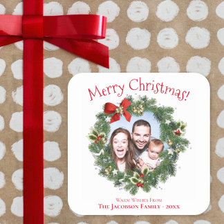 Fun Christmas Wreath Picture Frame Cute Holiday Square Sticker