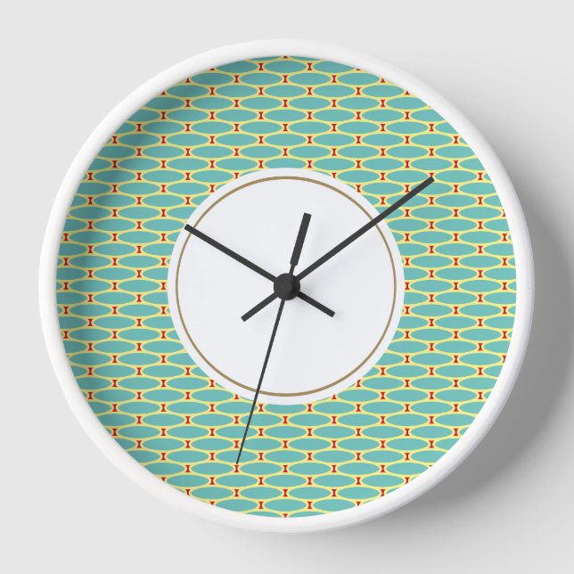 Fun Circular Aqua White Yellow Geometric Pattern Clock (Front)