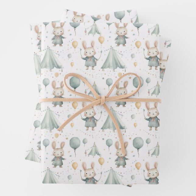 Fun Circus Bunny Balloons Pattern Baby Shower Wrapping Paper Sheet (In situ)
