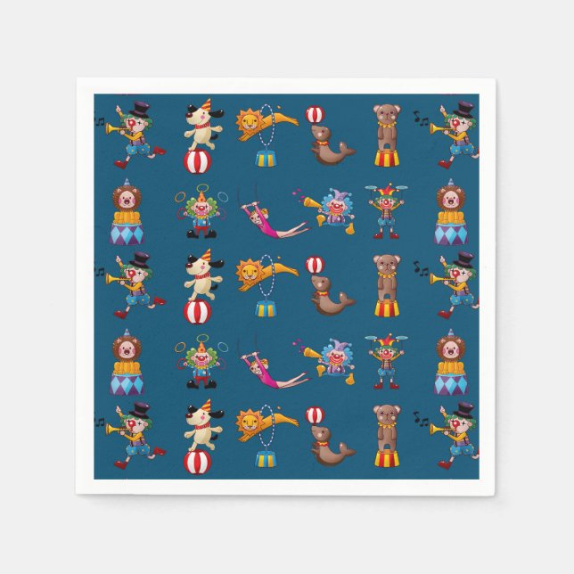 Fun Circus Party Acts Cartoon Pattern Blue Napkin (Front)