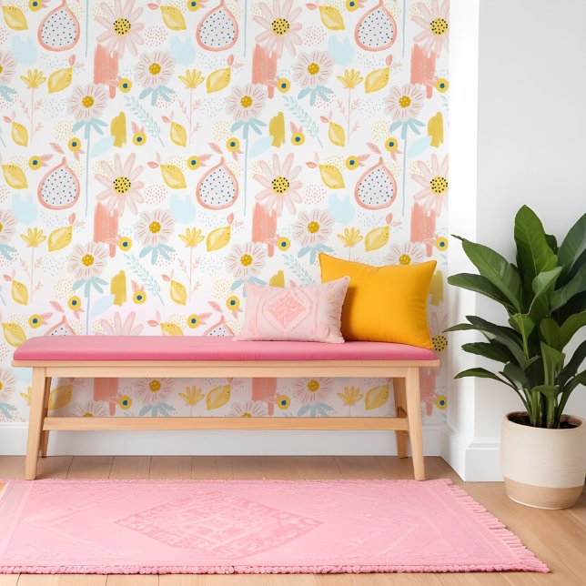 Fun Citrus Lemon Pomegranate Fruit Floral Pattern Wallpaper (Fun Citrus Lemon Pomegranate Fruit Floral Pattern Wallpaper)