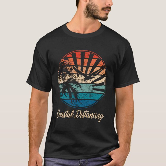 Fun Classic Reto Beach Sunset With Seagull And Pal T-Shirt (Front)