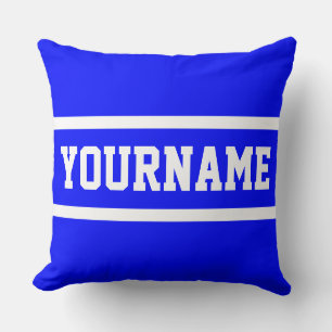Fun Classy Bright Blue Athletic Text White Stripes Cushion
