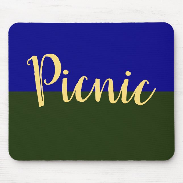 Fun Classy Summer Green Sky Blue "Picnic" Script Mouse Pad (Front)