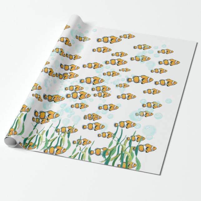 Fun Clown Fish Orange White Black Blue Bubbles Wrapping Paper (Unrolled)