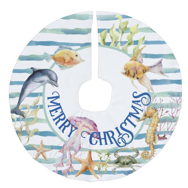 Fun Coastal Beach Theme Merry Christmas  Faux Linen Tree Skirt (Front)