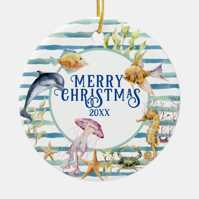 Fun Coastal Beach Theme Merry Christmas, Photo Ceramic Ornament (Front)