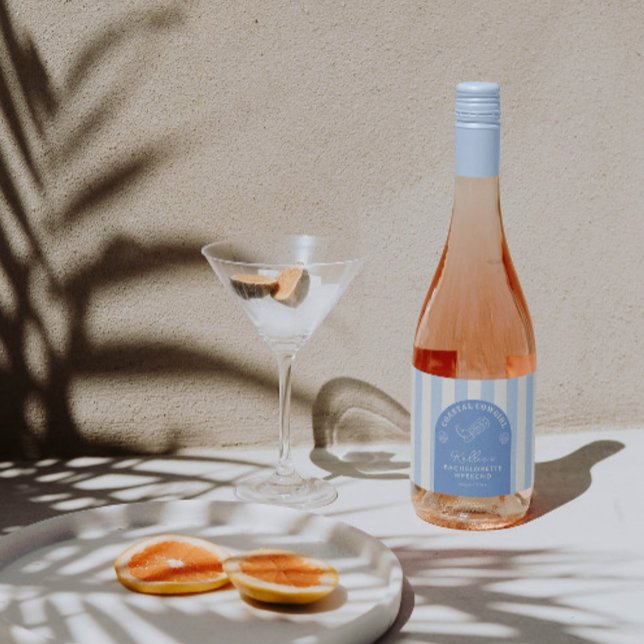 Fun Coastal Cowgirl Bachelorette Party Favour Sparkling Wine Label (Classy blue & white coastal cowgirl theme wine bottle labels for bachelorette party or bridal shower)