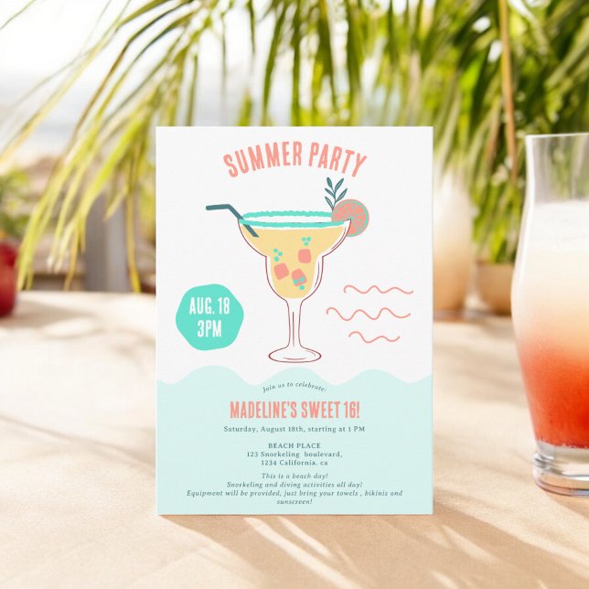 Fun Cocktail illustration summer beach Sweet 16 Invitation (Fun Cocktail illustration summer beach Sweet 16 Invitation)