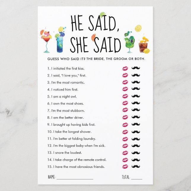 Fun Cocktails | He Said, She Said Game Card (Front)