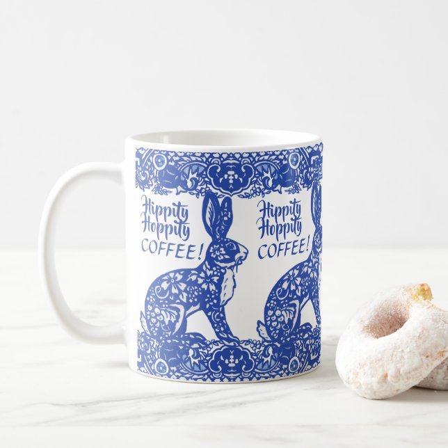 Fun Coffee Blue White Bunny Rabbit Chinoiserie Coffee Mug (With Donut)