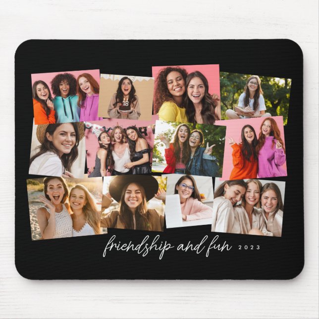 Fun collage 12 photo personalised black and white mouse pad (Front)