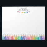 Fun Colored Pencils Note From School Teacher<br><div class="desc">Larger A note from School Teacher notepad personalized with the teacher's name above colorful bunting banners and a row of colored pencils, some with patterns, in soft rainbow colors. The large notepad has a big blank area on which you can write down your notes or messages. Kindergarten teacher notepad with...</div>