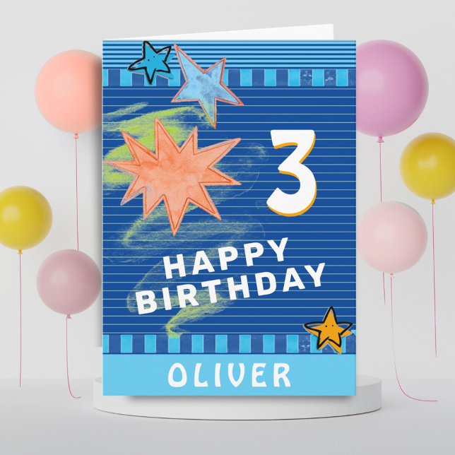 Fun Colorful Blue Drawing Stars Kid`s Birthday Card (Creator Uploaded)