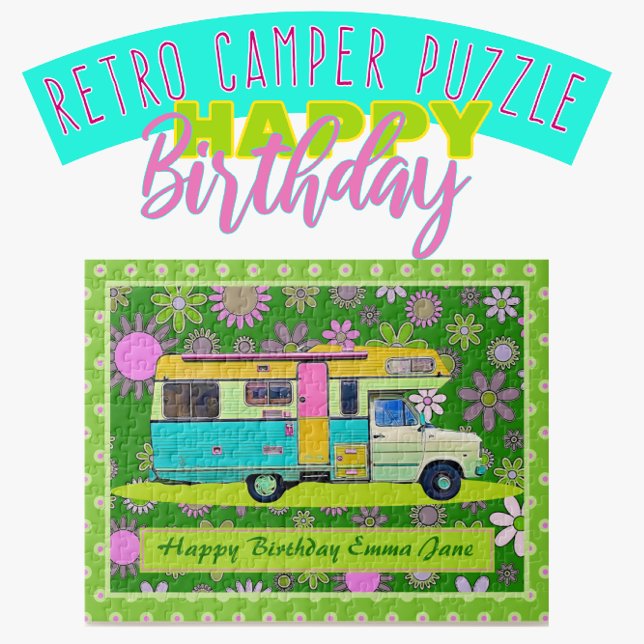 Fun Colorful Retro Coach Camper Happy Birthday Jigsaw Puzzle (Creator Uploaded)