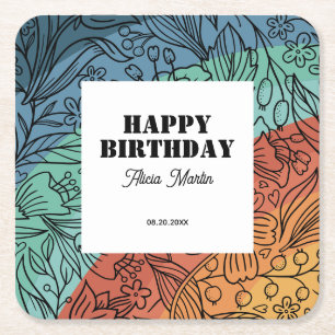 Fun Colorful Retro Groovy Rainbow Floral Birthday Square Paper Coaster