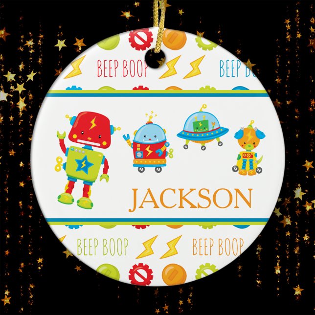 Fun Colorful Robot Beep Boop Pattern Kid Christmas Ceramic Ornament (Creator Uploaded)
