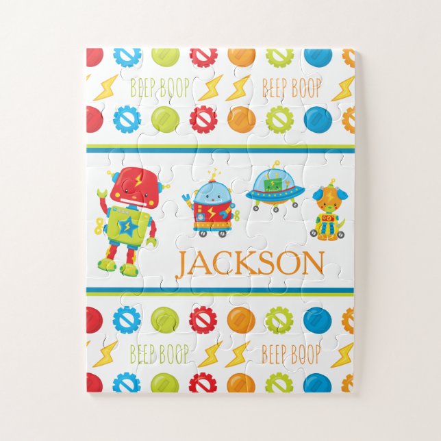 Fun Colorful Robot Beep Boop Pattern Kid Jigsaw Puzzle (Vertical)