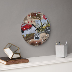 Fun Colorful Route 66 Collage Pattern Large Clock