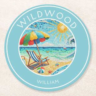 FUN COLORFUL TILE LOOK -SURF & SAND BEACH UMBRELLA ROUND PAPER COASTER