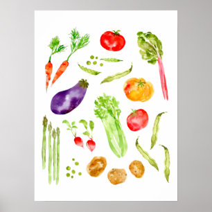 Fun colorful vegetables watercolor kitchen poster