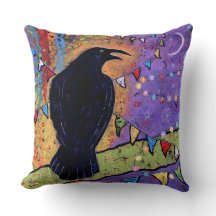 Fun Colorful Whimsical Raven Bird Throw Pillow