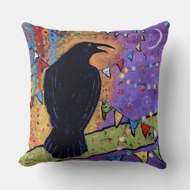 Fun Colorful Whimsical Raven Bird Throw Pillow (Front)