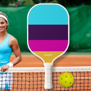 Fun Colour Block Stripes Personalised Text Name Pickleball Paddle